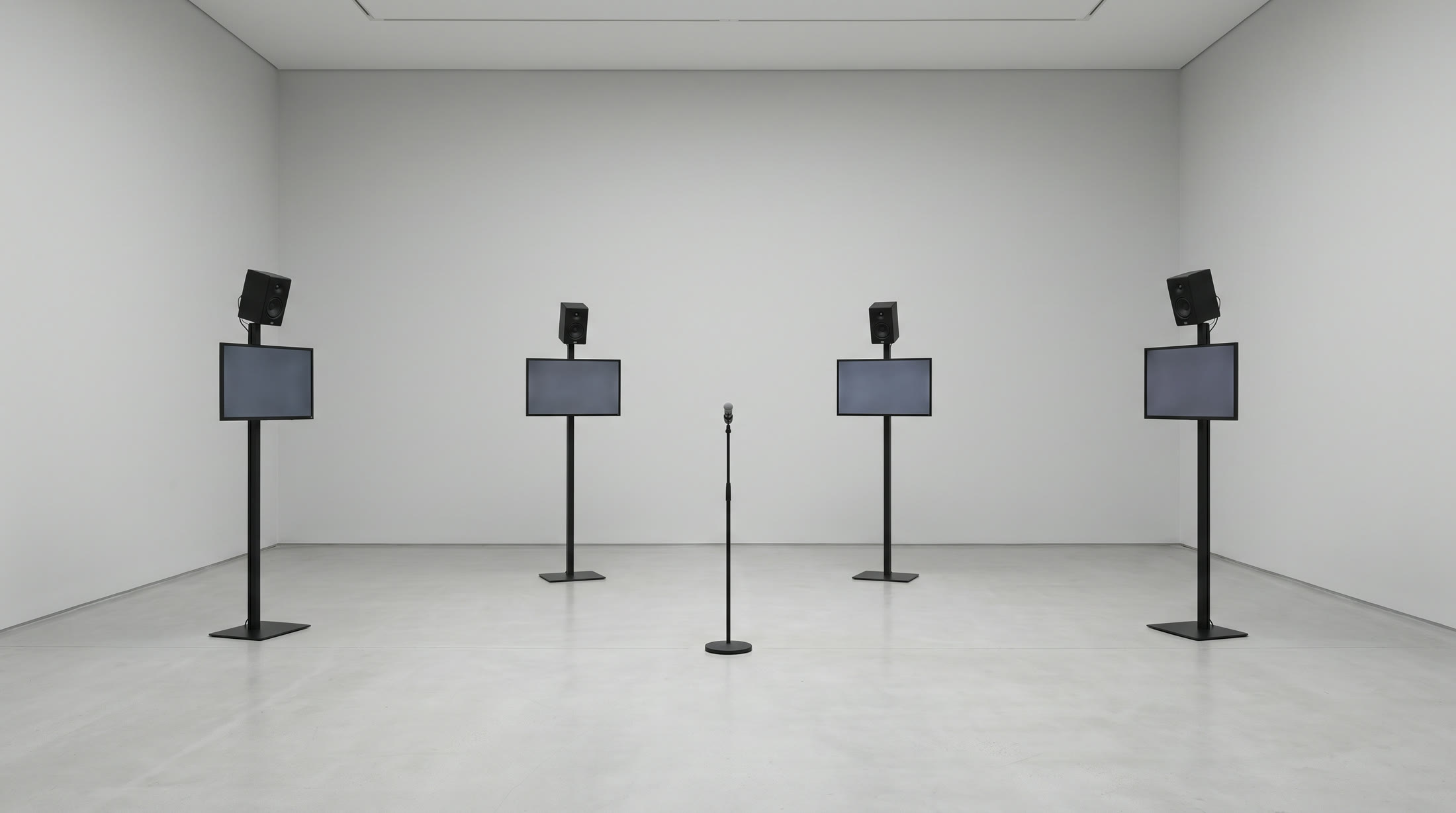 Babel / TRANS-INSTRUMENTALISM — installation mockup: four small screens and near-field speakers